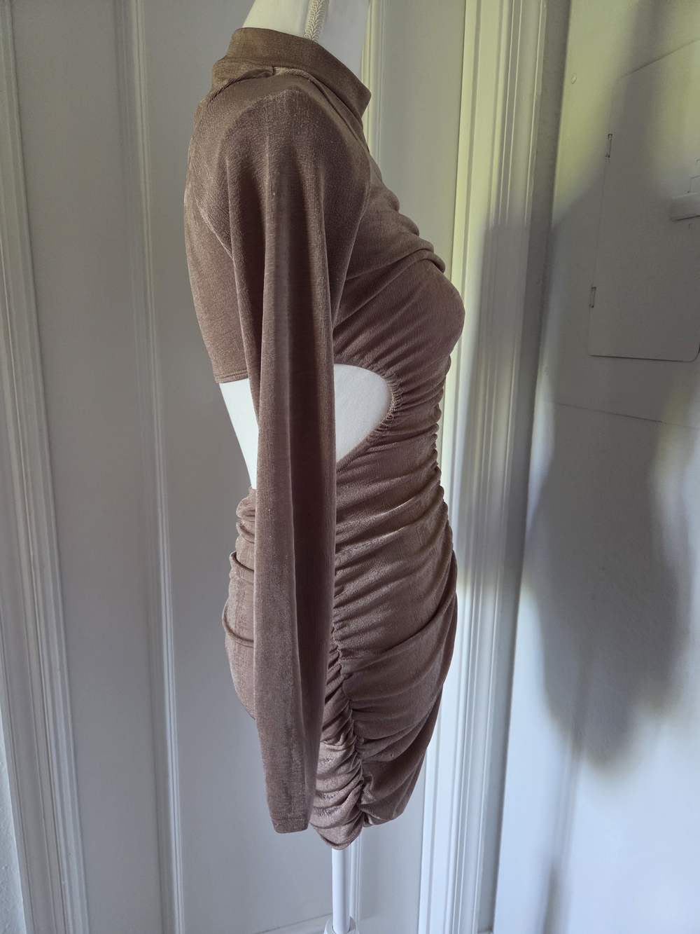 Bodycon Ruched Women's Dress in Taupe - Picture 3 of 6